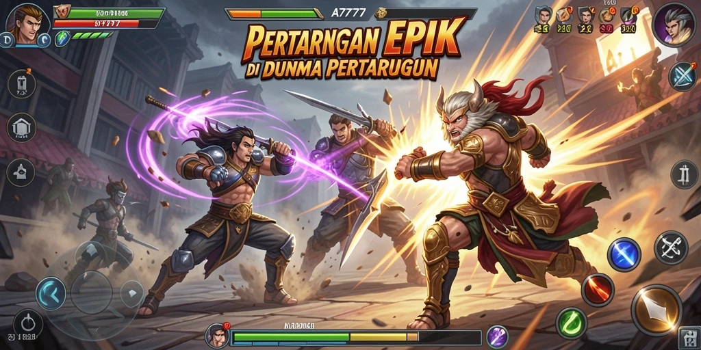 Tampilan screenshot utama A7777 menampilkan aksi pertarungan yang intens.