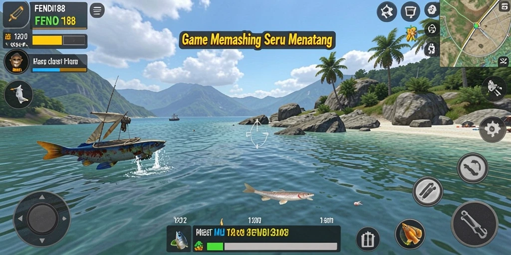 Tampilan gameplay FENDI188 saat menangkap ikan di pemandangan alam yang indah.