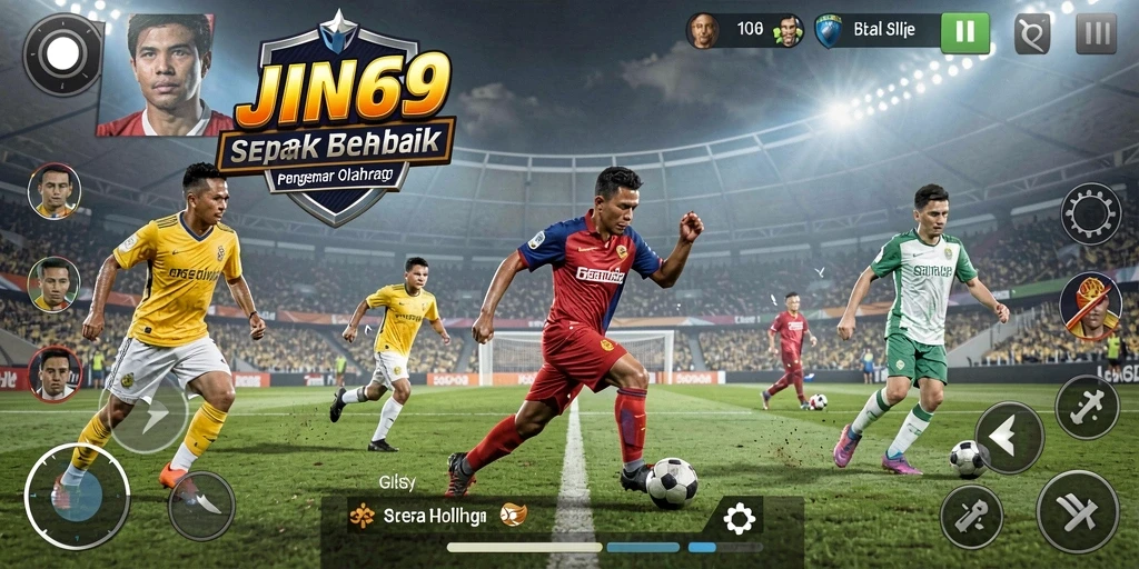Tampilan gameplay JIN69 menunjukkan aksi sepak bola yang intens dan menarik.
