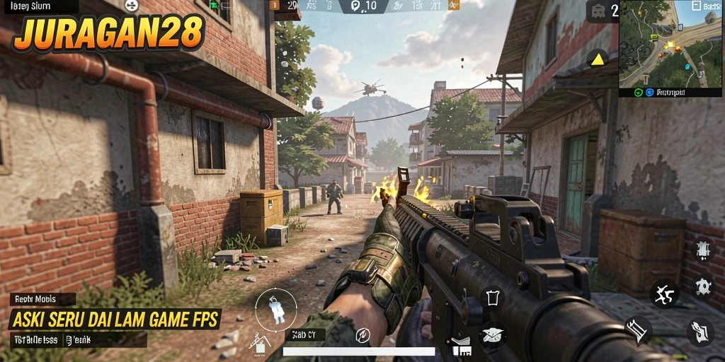 Screenshot utama JURAGAN28 menampilkan aksi gameplay FPS yang mendebarkan.