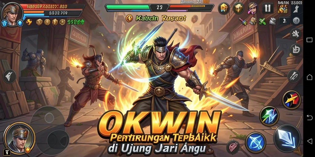 Screenshot gameplay OKWIN menampilkan pertarungan seru karakter.