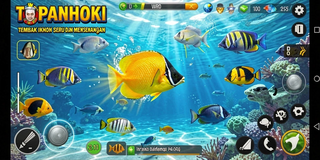 Gameplay seru dalam TOPANHOKI saat menembak ikan di lautan.